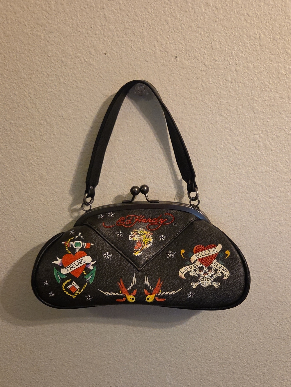 Ed Hardy Black Shoulder Bag with Colorful Tattoo Motifs